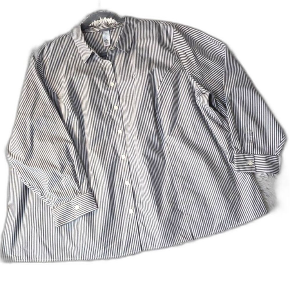 Catherines Non Iron Button Down Shirt Gray White Pinstripe Long Sleeve 4X Cotton